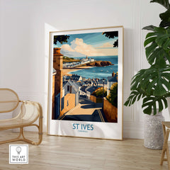 St Ives Cornwall Seaside Street Poster - Coastal Village Landscape Decor showcasing charming coastal views.