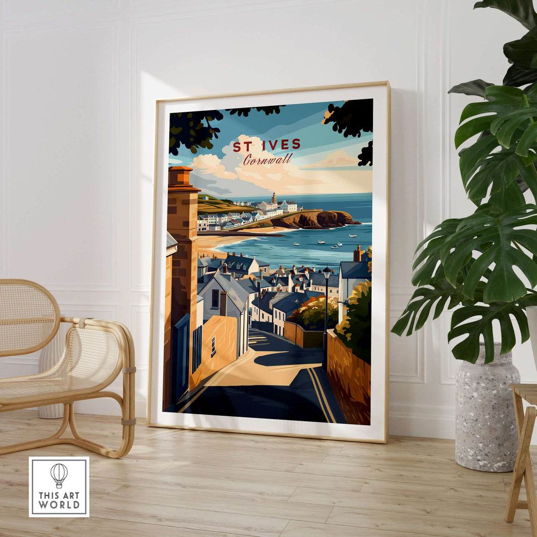 St Ives Across the Rooftops View Print showcasing a Cornish town with coastal scenery and lighthouse.