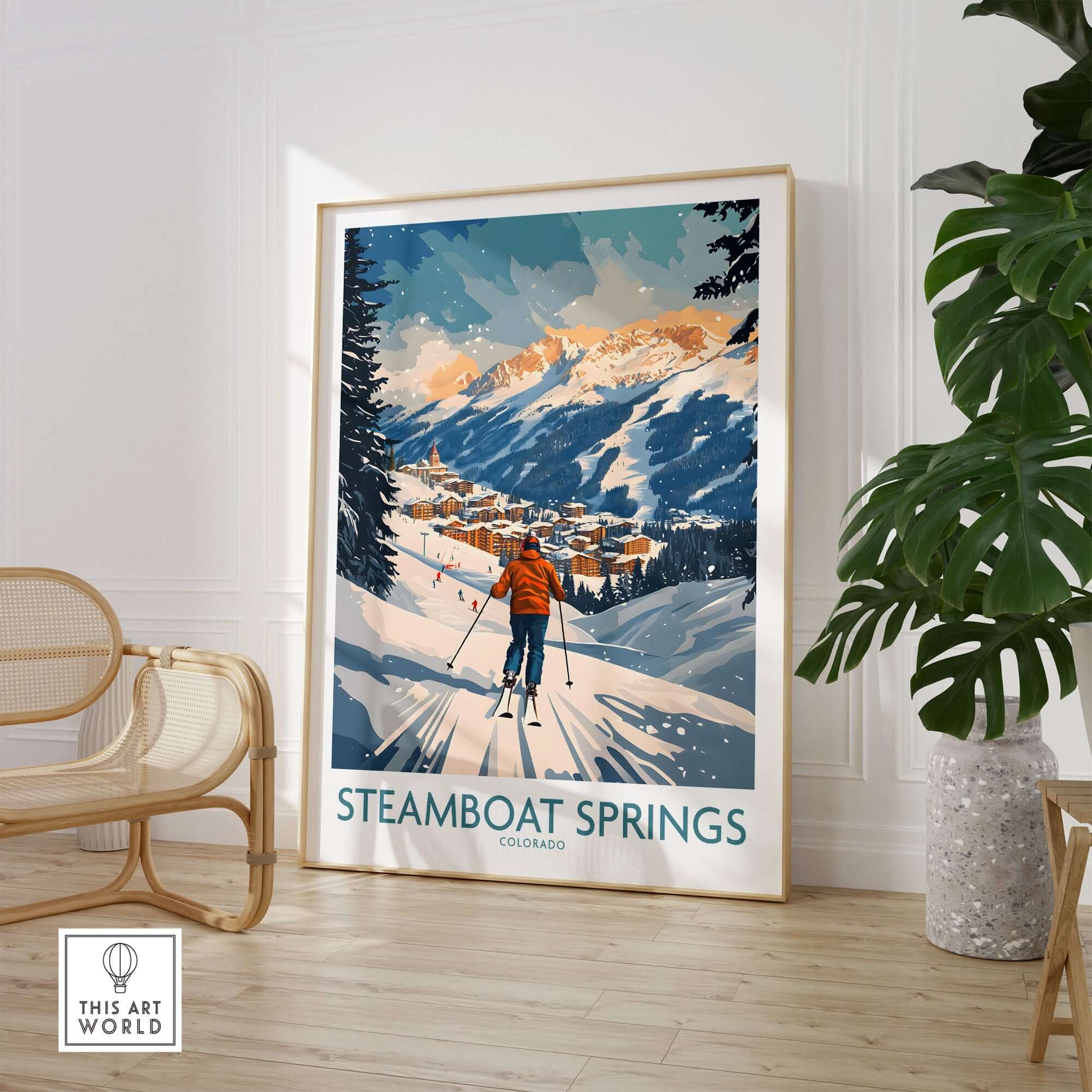 Ski Poster of Steamboat Springs, Colorado with vibrant snowy mountains, skier, and cozy town, perfect for winter decor.
