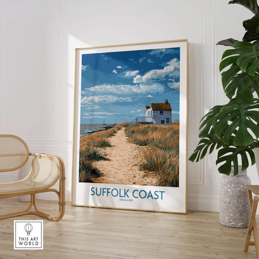 Suffolk Coast poster featuring serene shoreline landscape in warm tones, ideal for travel decor.