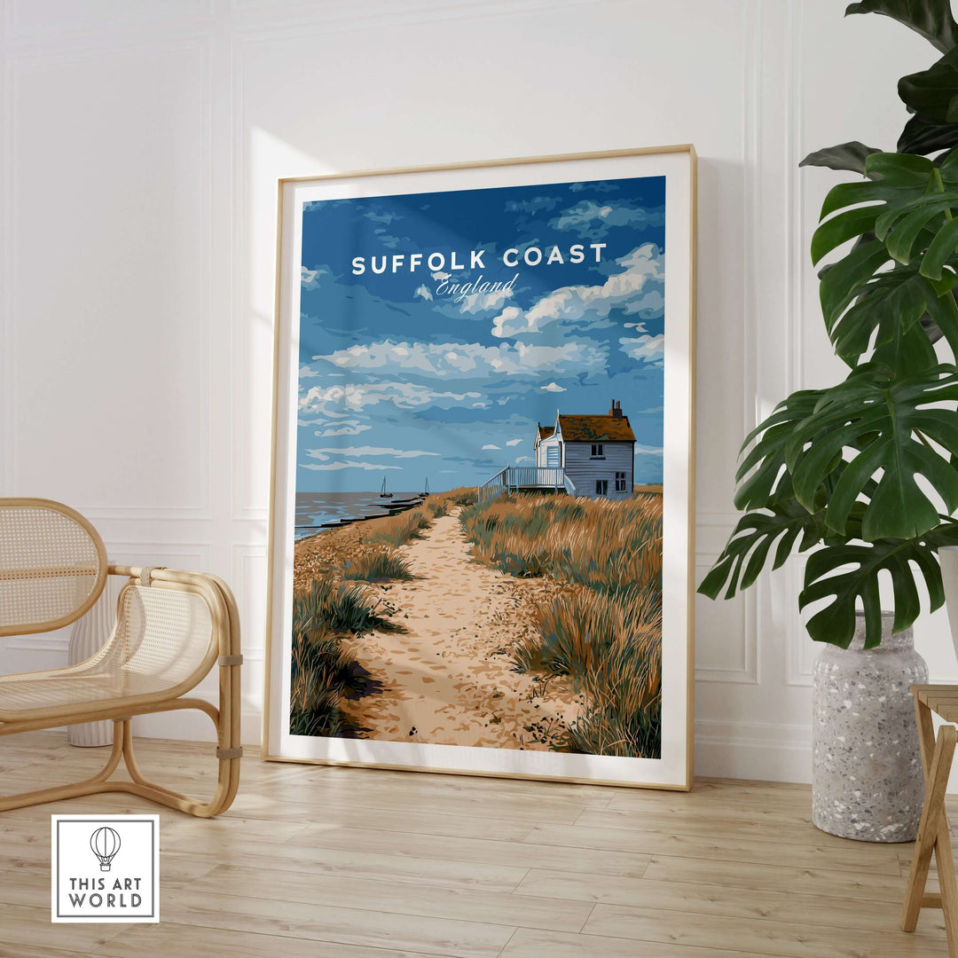 Suffolk Coast England beach house print featuring a coastal pathway and serene skies, perfect for wall art decor.