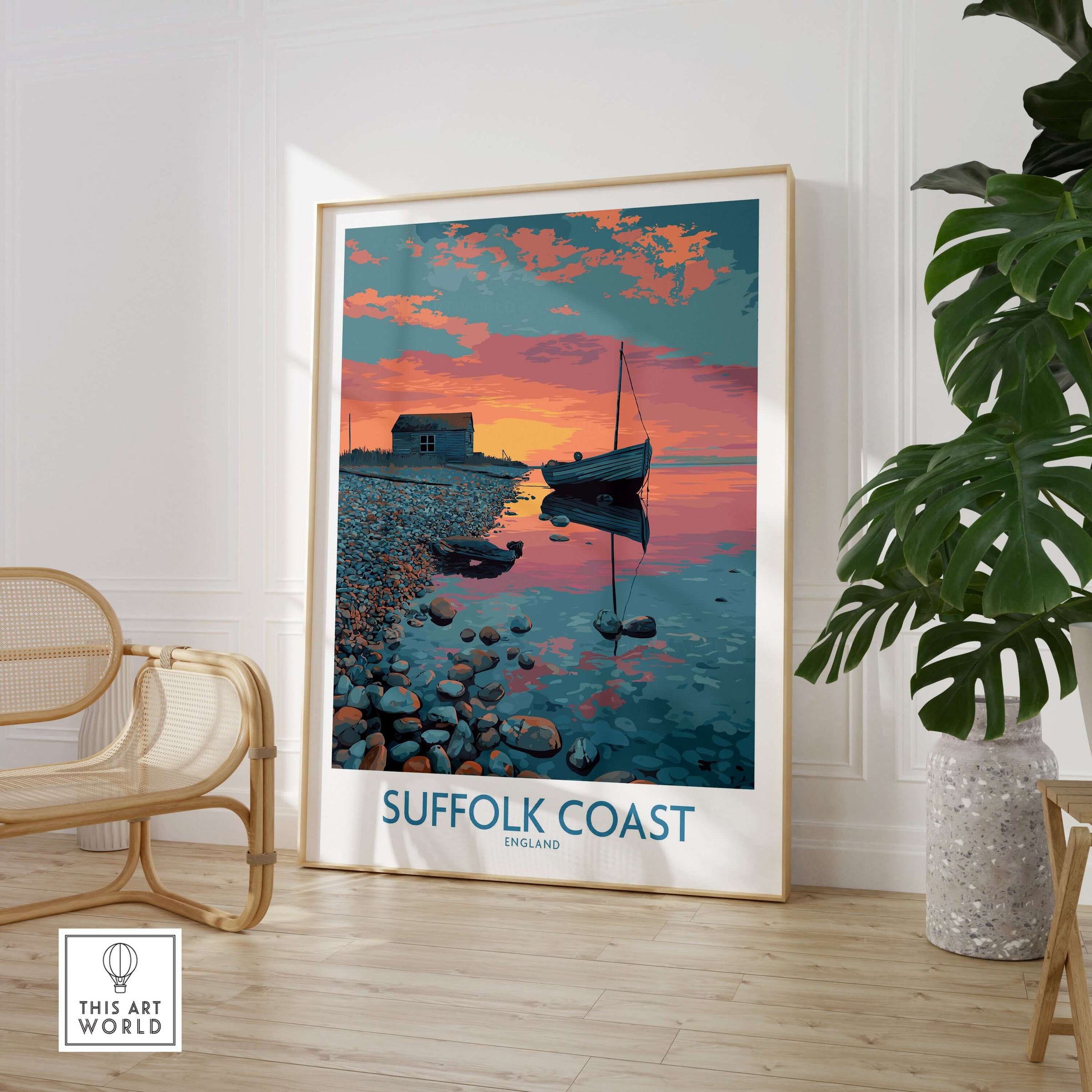 Suffolk Coast Poster England Tranquil Evening Seascape - UK Travel Print displayed in a cozy indoor setting.
