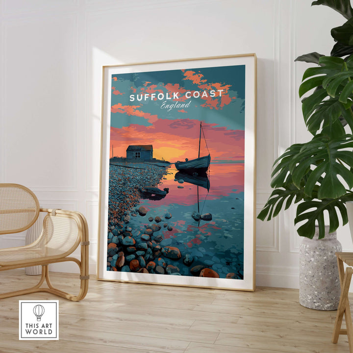 Suffolk Coast print featuring a sunset, boat, and coastal hut, perfect for home decor and seaside vibes.