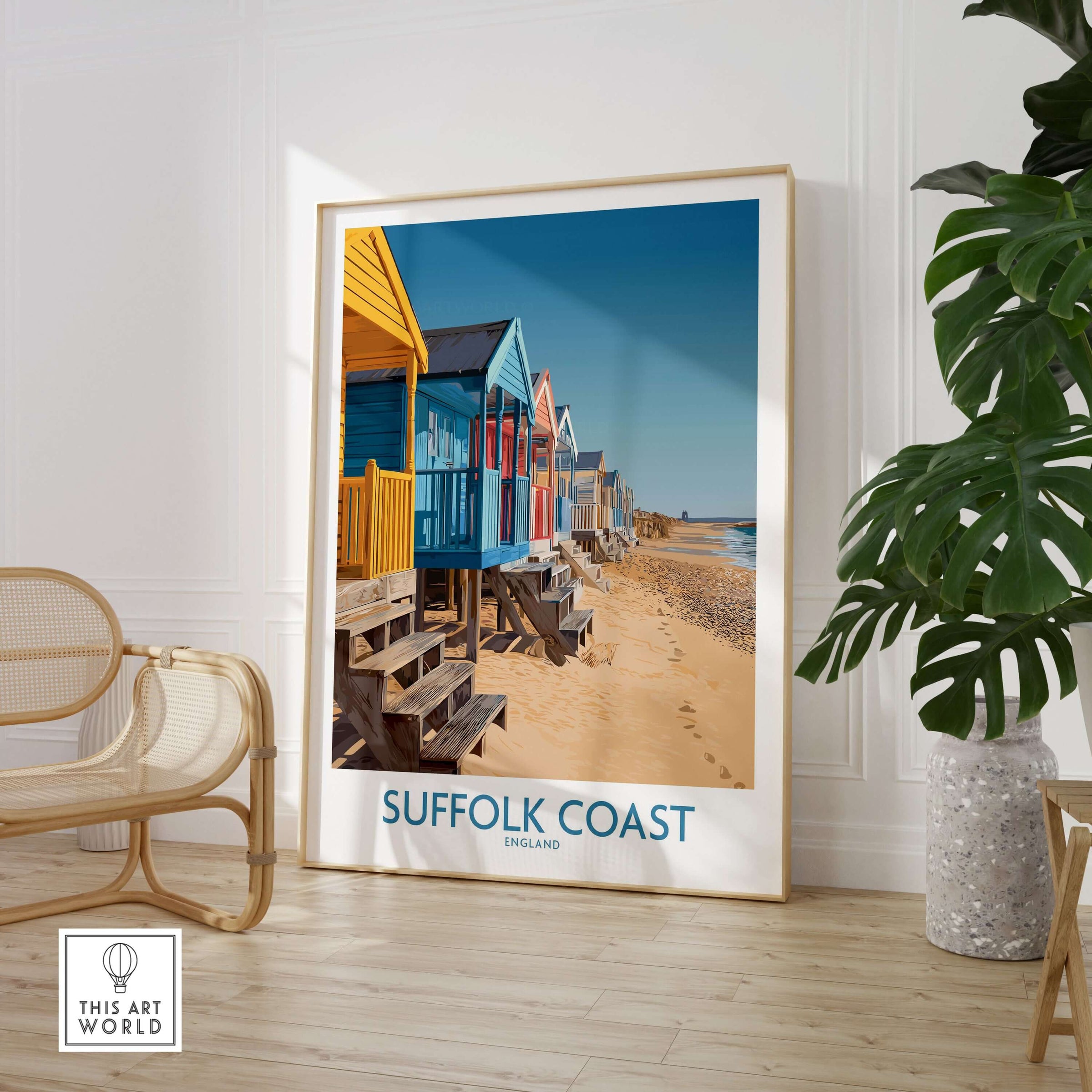 Suffolk Coast England Bright Beach Wall Art - UK Coastal Travel Decor showcasing colorful beach huts by the shore.