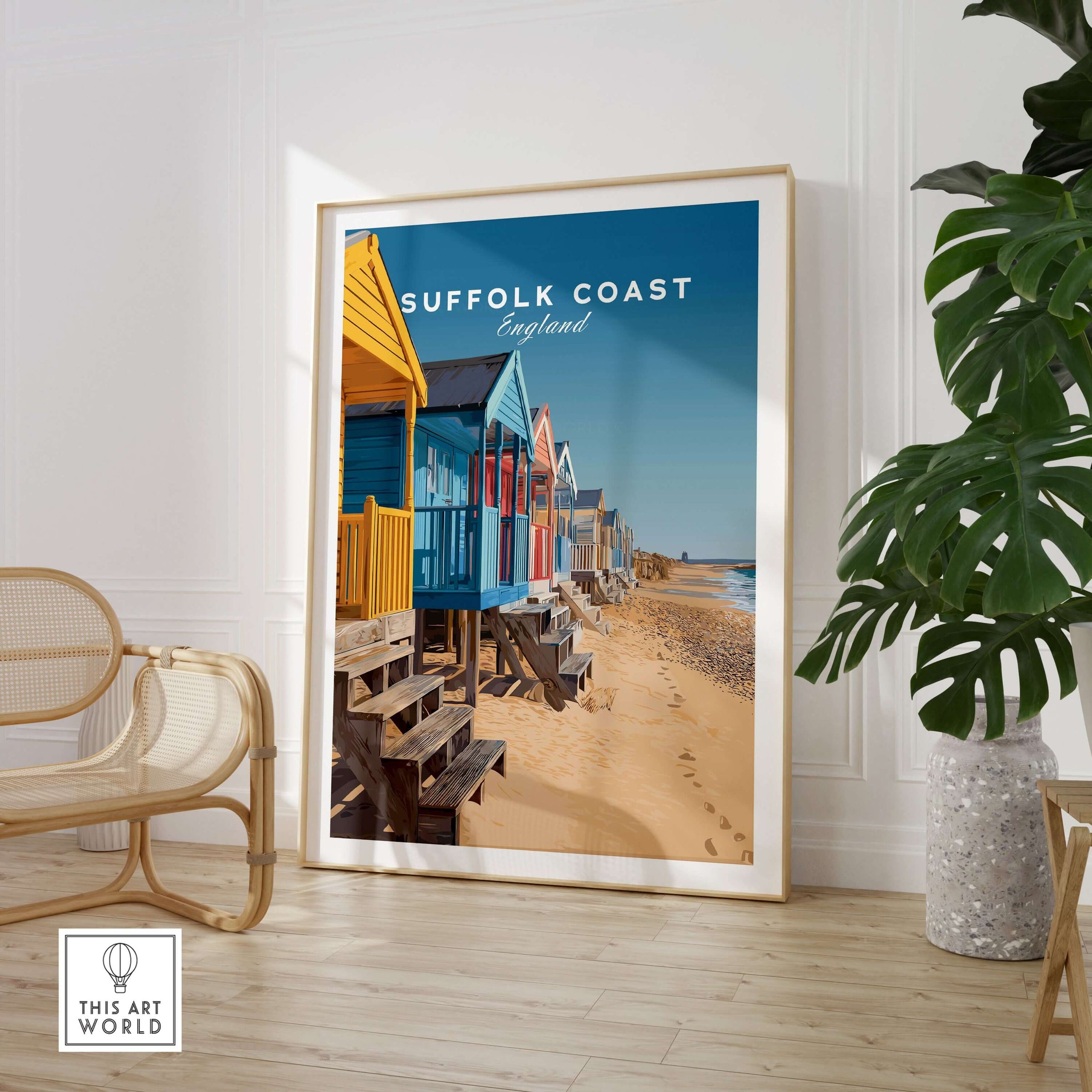 Suffolk Coast England Southwold Beach Huts Poster - Sandy Shoreline Print showcasing colorful beach huts on sandy shore.