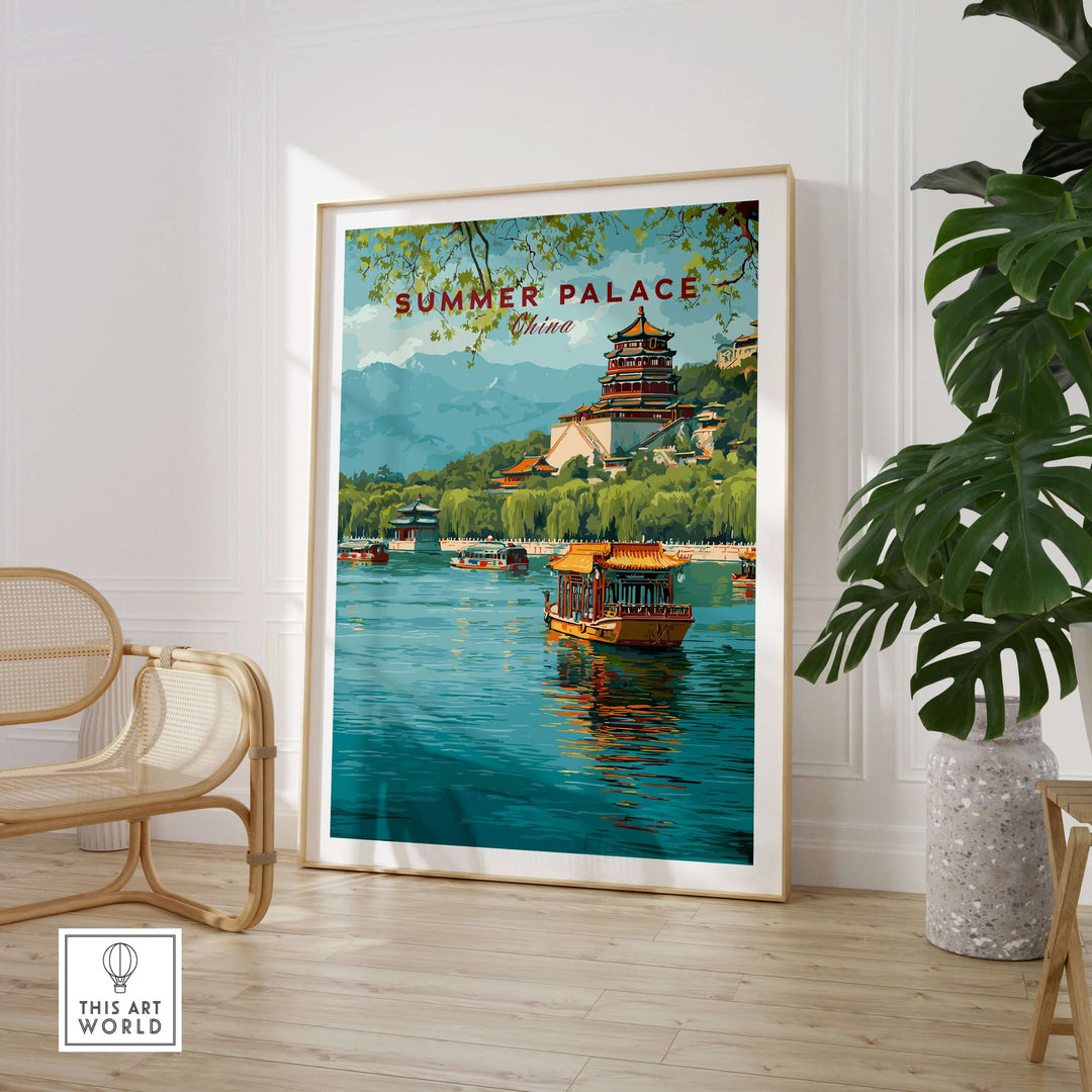 Summer Palace China art print showcasing boats on serene waters, framed wall decor for elegant home interior.