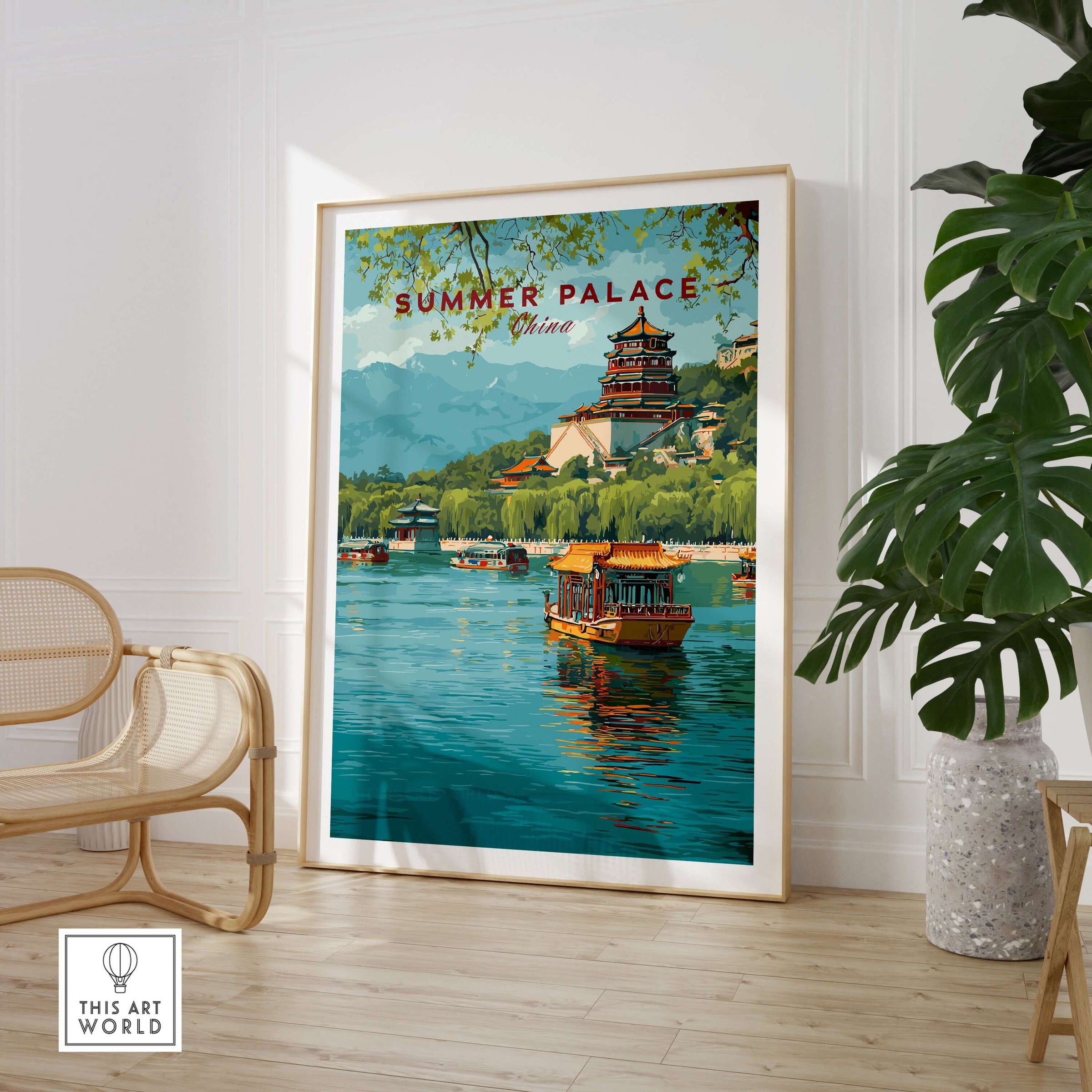 Summer Palace China Art Print - Beijing Royal Park Wall Decor featuring serene water and ornate buildings.