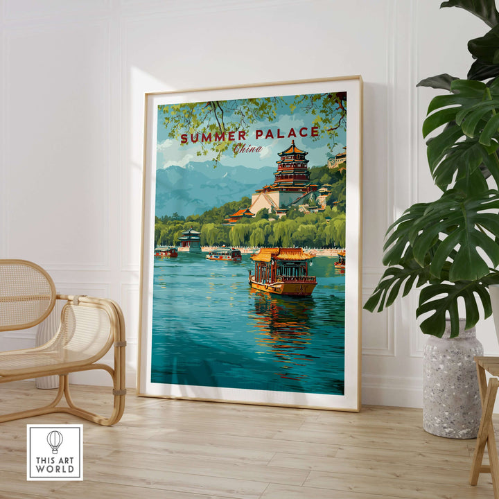 Summer Palace China art print showcasing boats on serene waters, framed wall decor for elegant home interior.