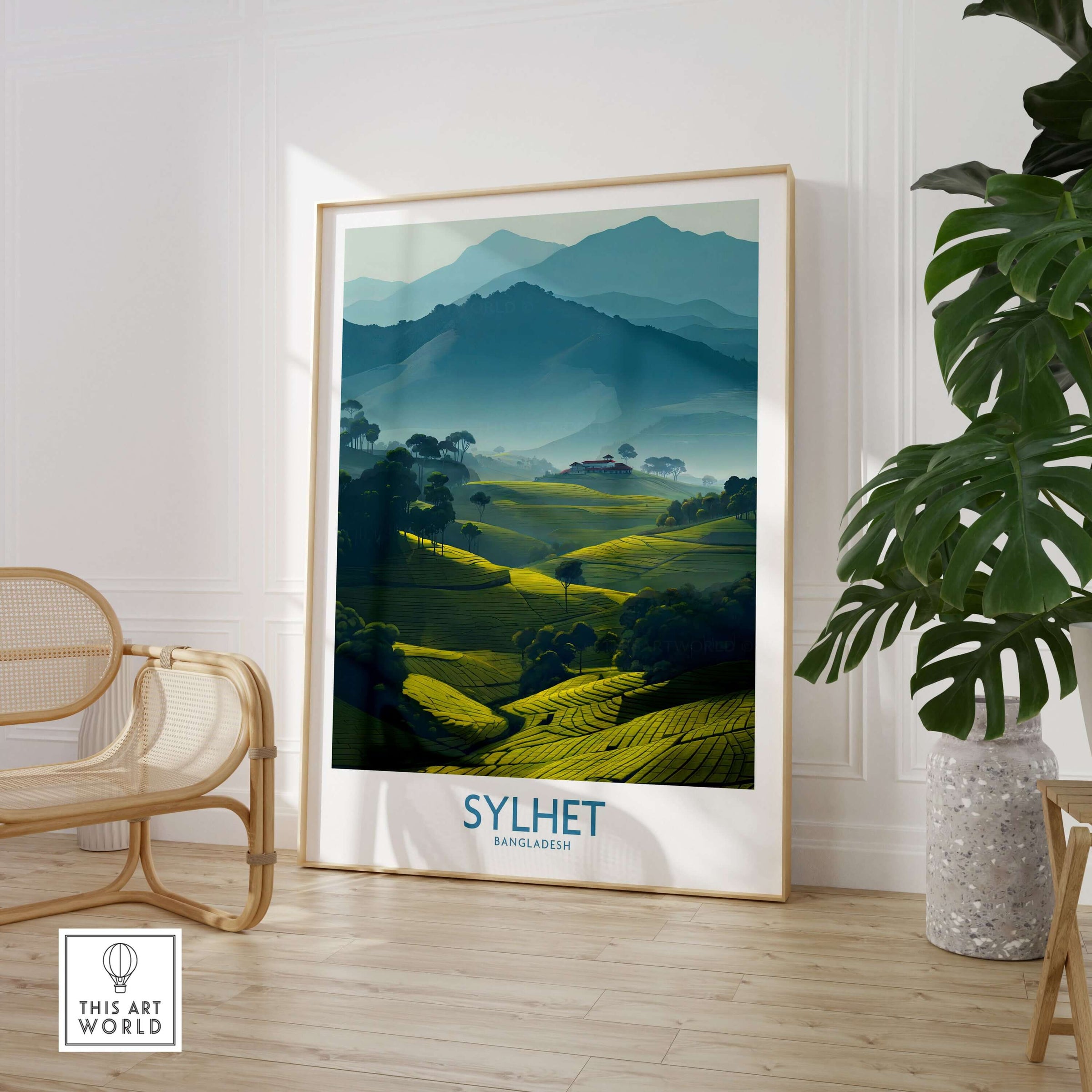 Sylhet Bangladesh Poster - Tea Plantation Fields Artwork displayed in a cozy interior, highlighting lush green hills and tranquility.