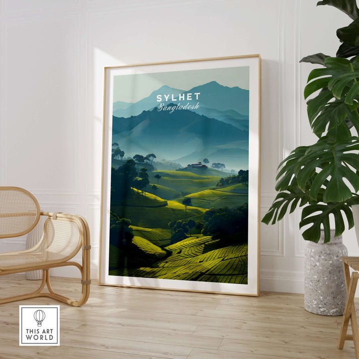 Sylhet Bangladesh poster featuring lush tea plantations and misty mountains, perfect wall art for nature lovers.