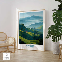 Sylhet Bangladesh Tea Plantation Wall Art - Bangladeshi Travel Decor showcasing lush green tea fields and mountains.