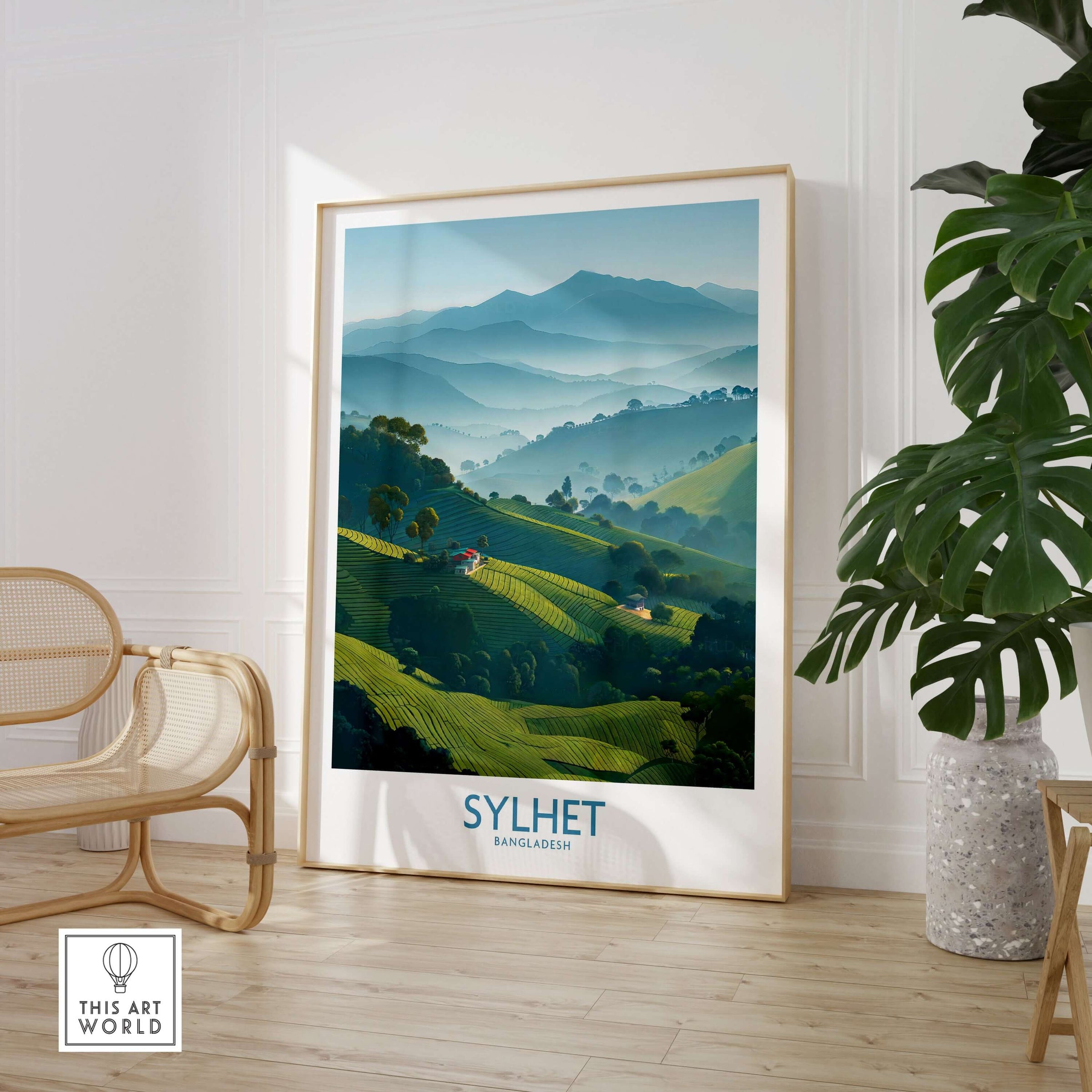 Sylhet Bangladesh Tea Plantation Wall Art - Bangladeshi Travel Decor showcasing lush green tea fields and mountains.