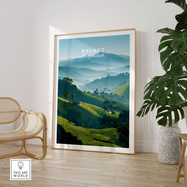 Sylhet Bangladesh tea fields poster displaying serene green hills and plantations, perfect for nature lovers.