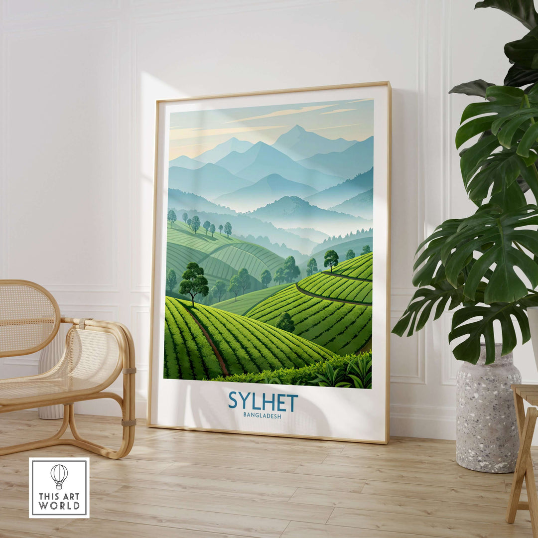 Scenic nature print of Sylhet, Bangladesh, showcasing lush green hills and serene mountains in a stylish frame.
