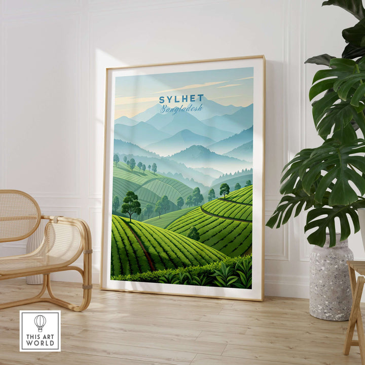 Sylhet wall art poster showcasing Bangladesh's tea estates with lush green fields and mountain panorama.