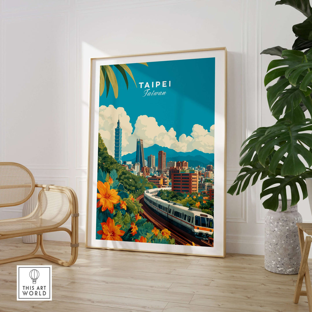 Taipei skyline poster featuring MRT train and cityscape, vibrant urban landscape wall art for modern spaces.