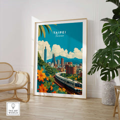 Taipei Print Taiwan City Skyline MRT Train Poster - Urban Landscape Wall Art displayed in a modern living space.