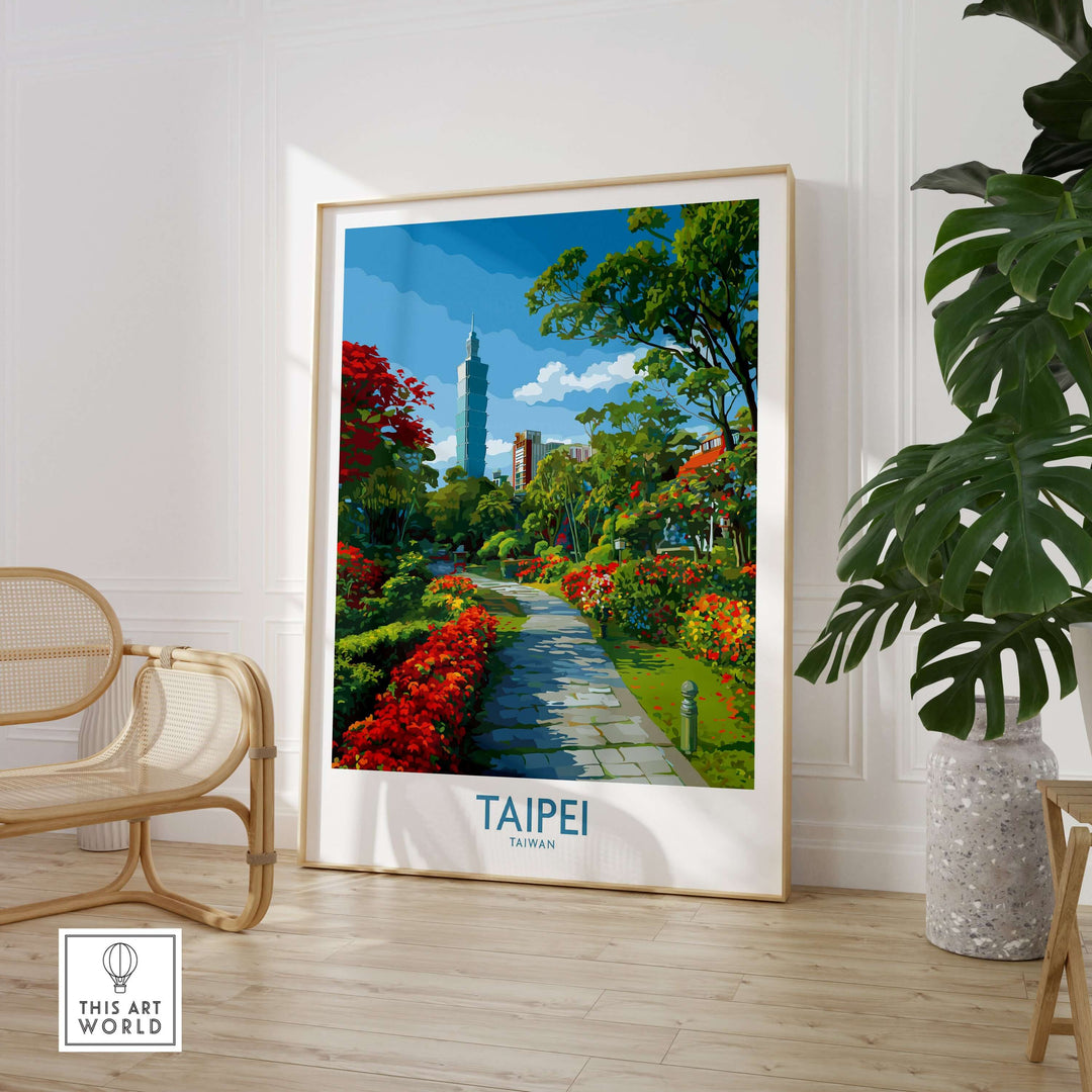 Taipei 101 park view print featuring vibrant greenery and colorful flowers, perfect for urban decor.
