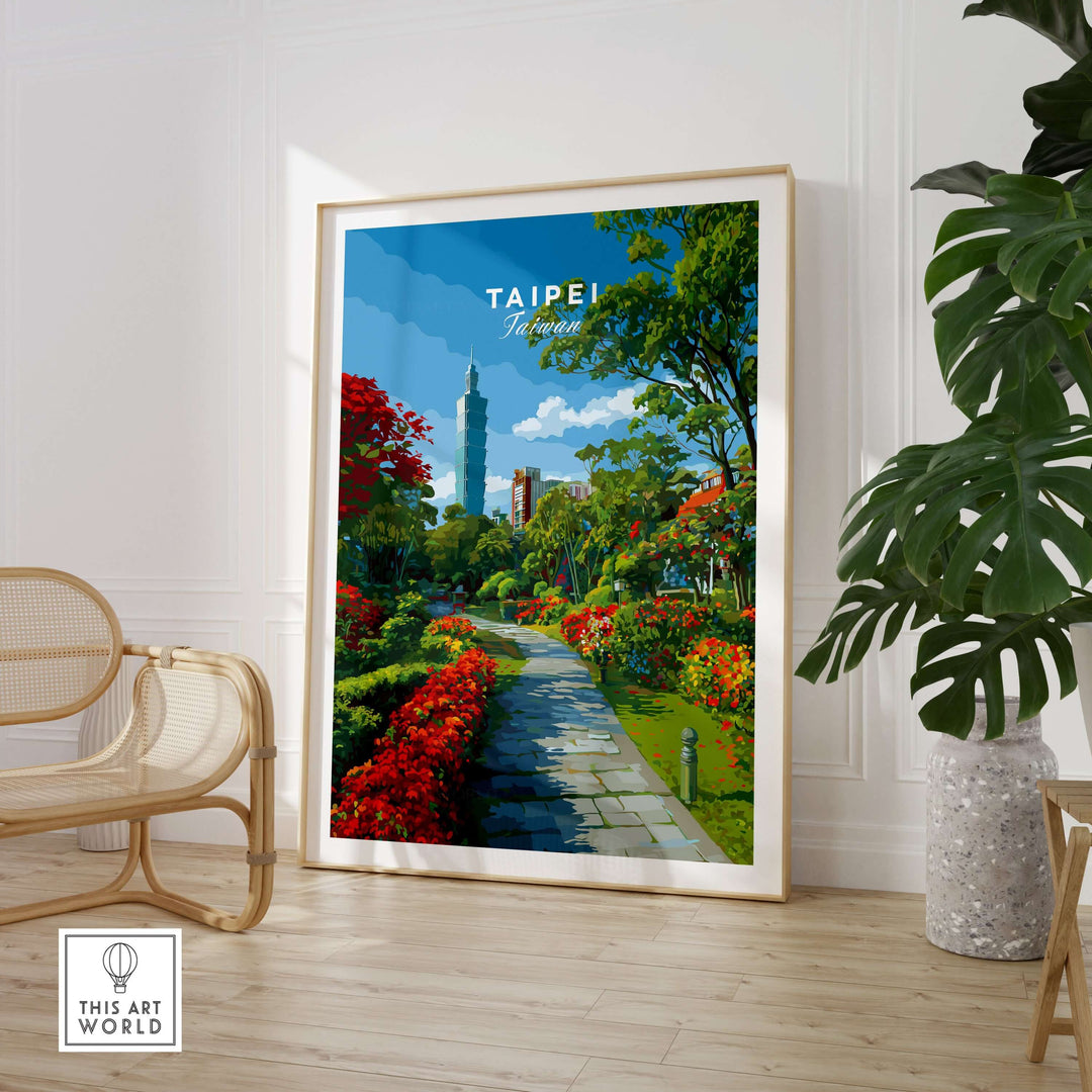 Taipei Botanical Garden pathway print, vibrant city park wall art, showcasing lush greenery and tranquility.