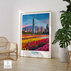 Taipei Taiwan Poster - Modern Urban Travel Print displayed in a stylish interior with flowers and city skyline.