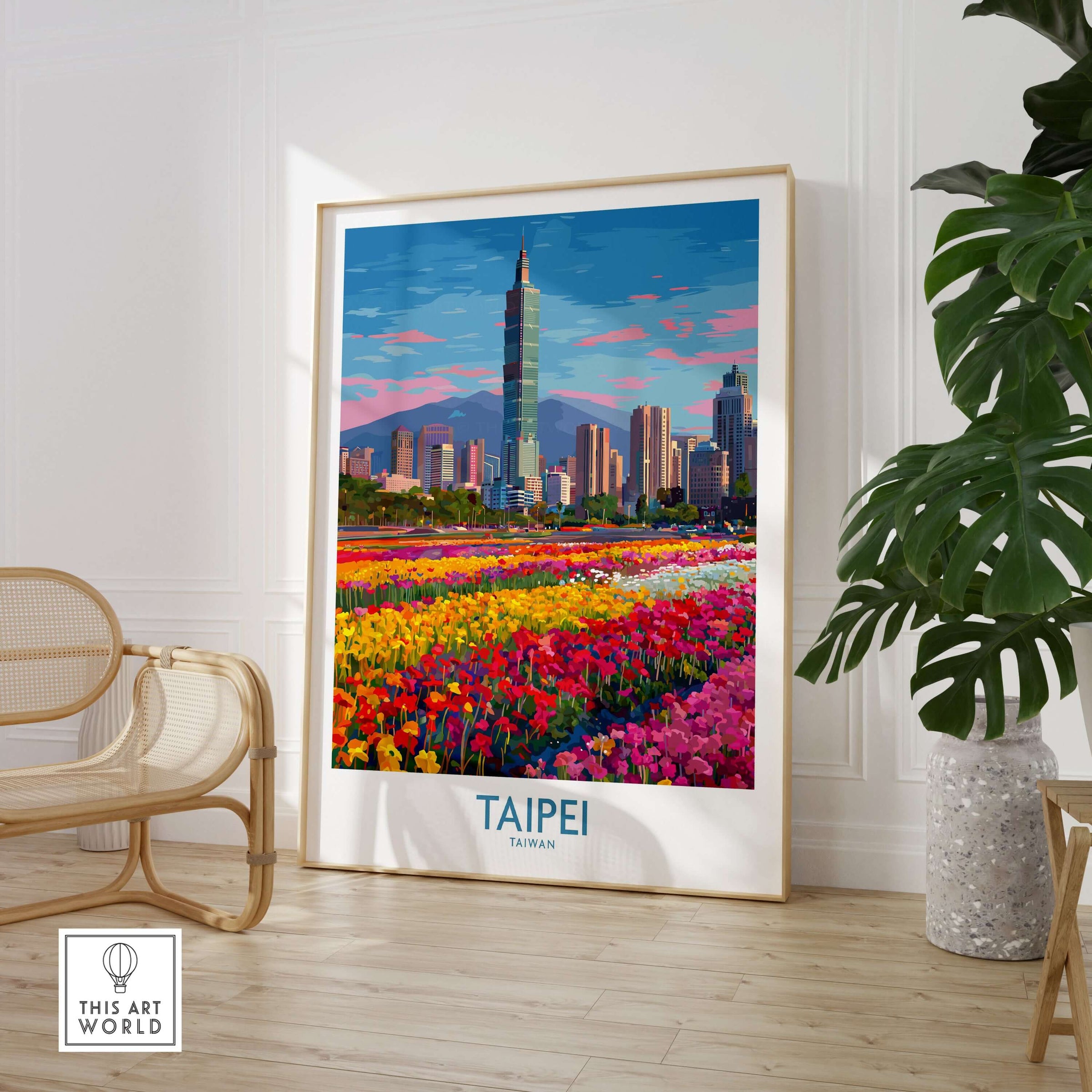 Taipei Taiwan Poster - Modern Urban Travel Print displayed in a stylish interior with flowers and city skyline.