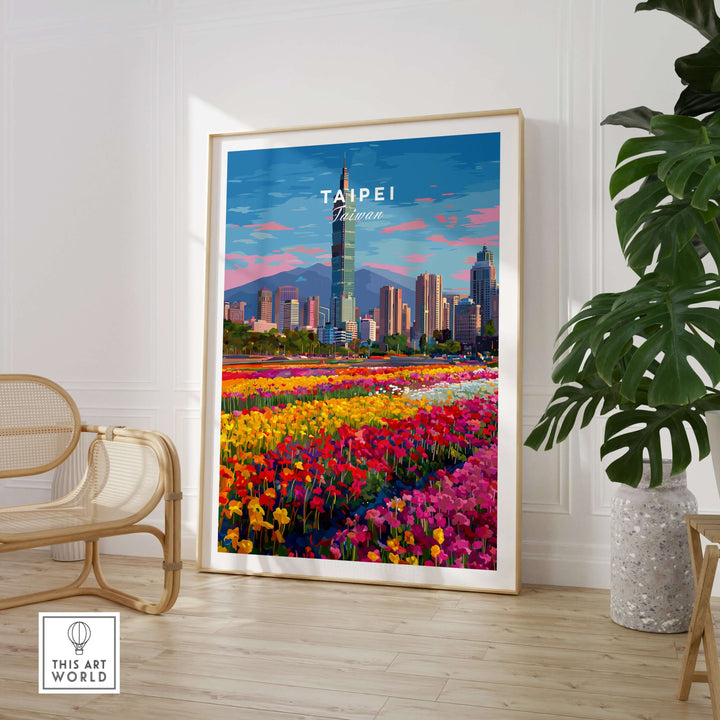 Vibrant Taipei Taiwan cityscape print featuring Taipei 101 and colorful flower fields, perfect for home decor.