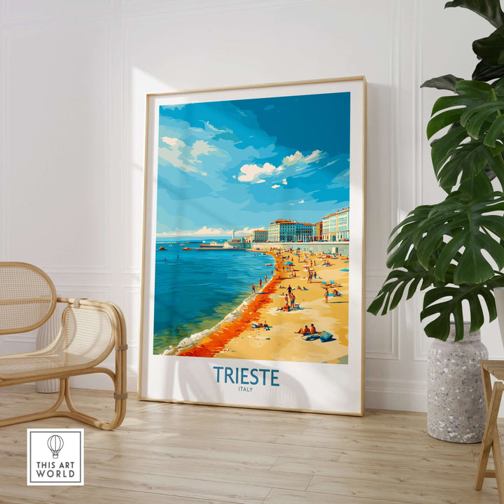 Trieste Italy poster featuring beach scene, vibrant colors, and coastal architecture, perfect for travel lovers.