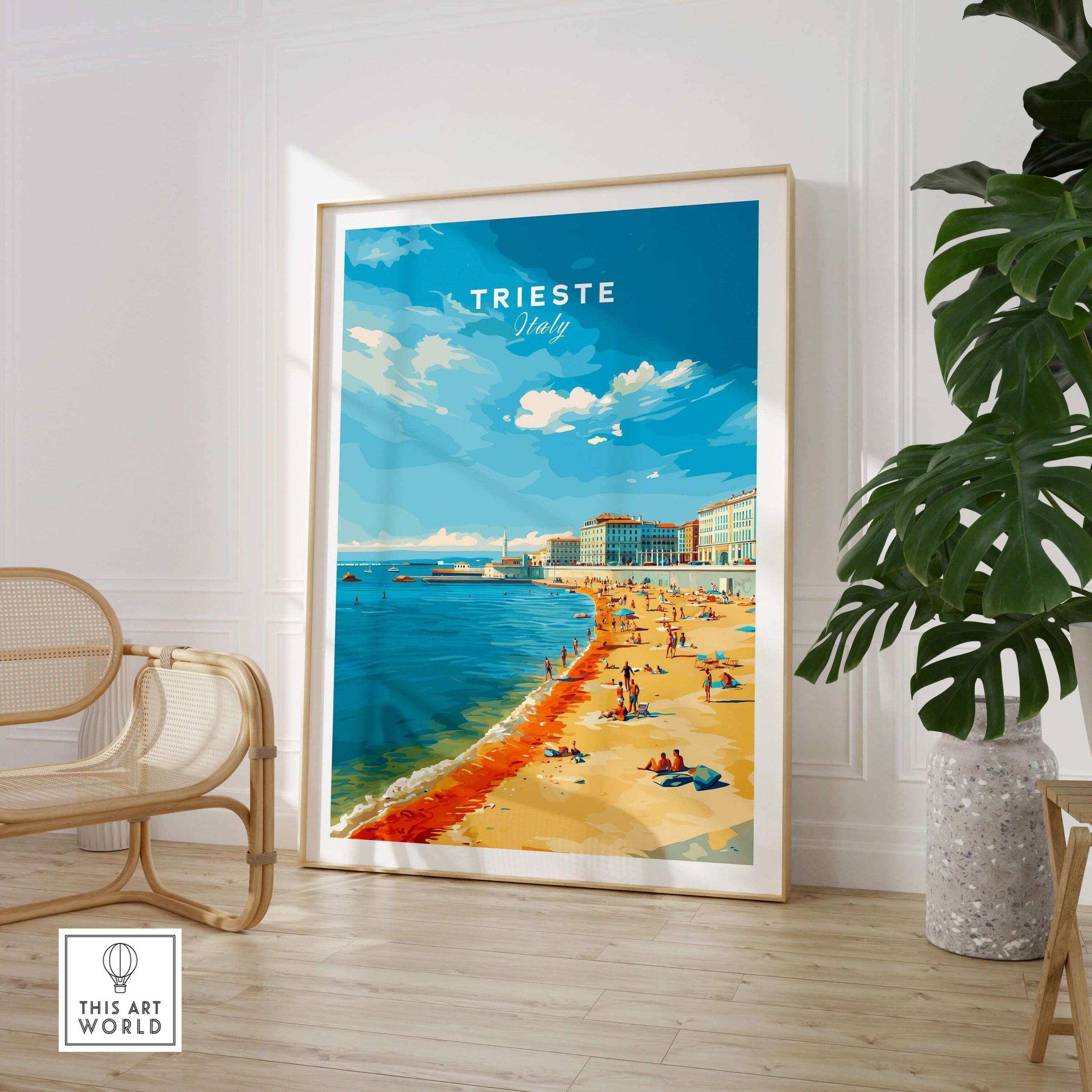 Trieste Italy Print - Adriatic Coast Wall Art showcasing a vibrant beach scene with sunbathers and clear skies.