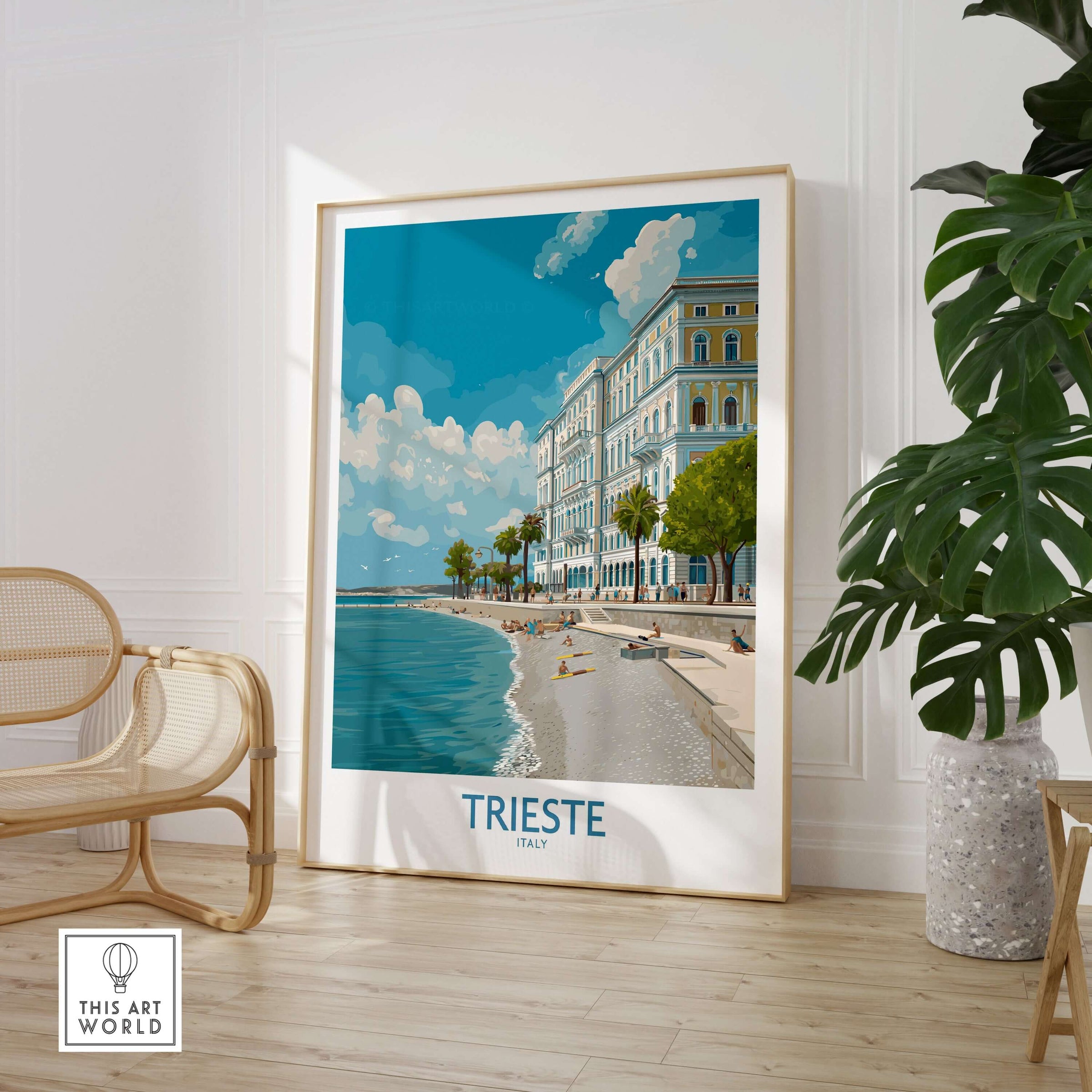 Trieste Print Italy Seafront Poster featuring stunning coastal views and vibrant skies.