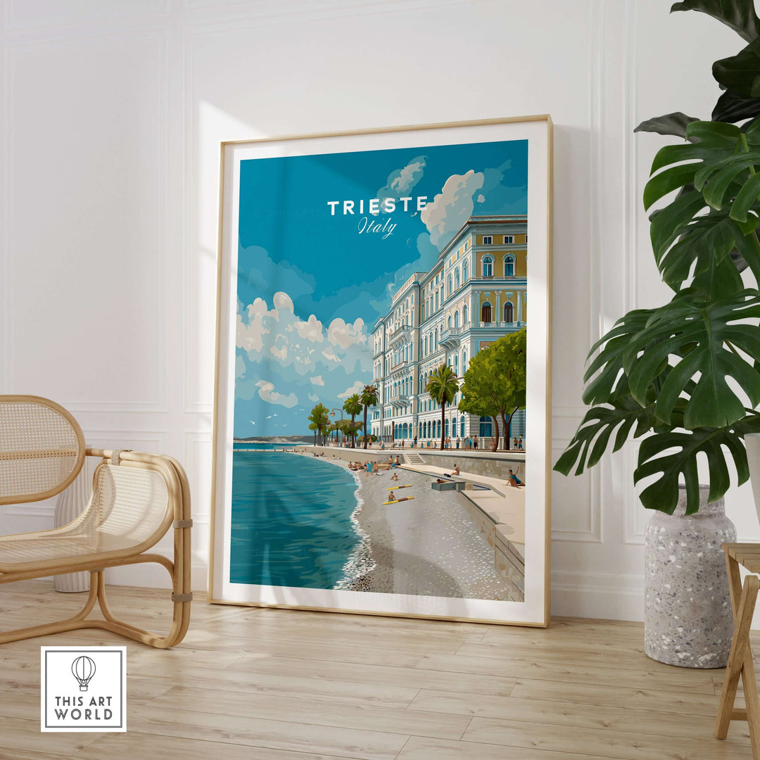 Trieste Italy poster featuring a serene beach scene, bright skies, and elegant coastal architecture in stylish decor.