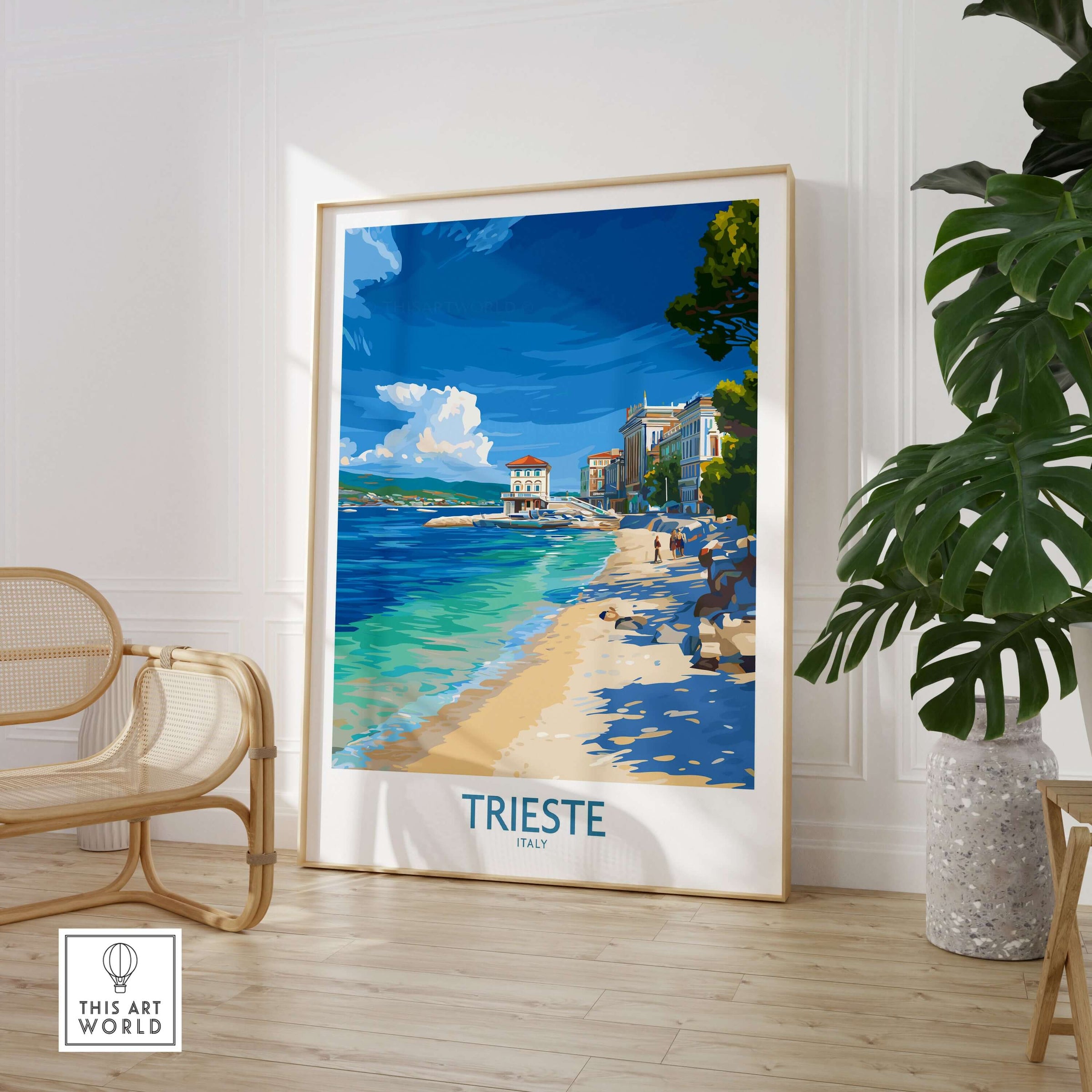 Trieste Italy Beach Poster - Mediterranean Travel Print displayed in a stylish interior with coastal scenery.