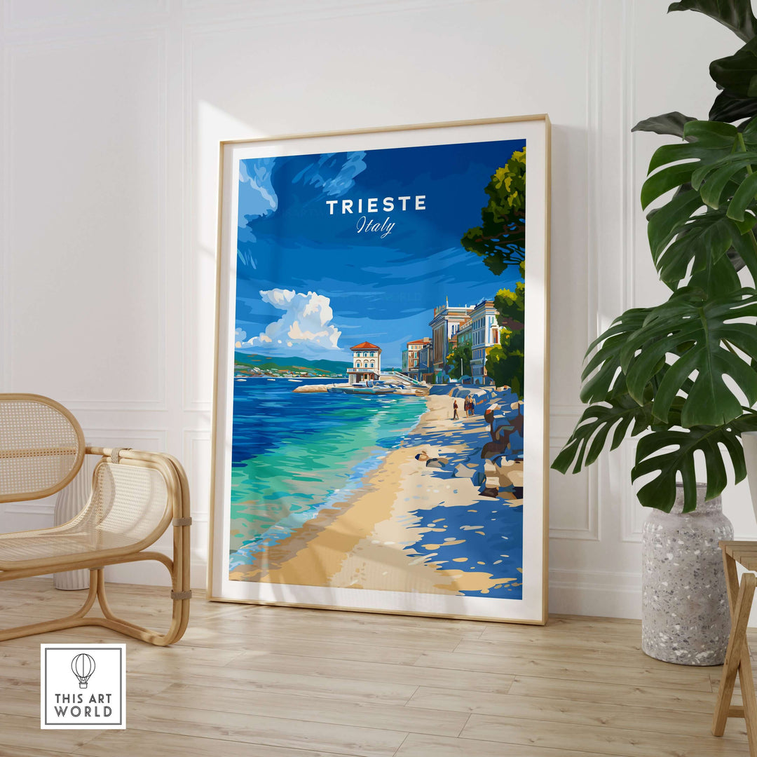 Trieste Italy beach print showcasing coastline and vibrant atmosphere, perfect wall art for Mediterranean elegance.