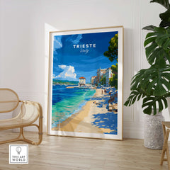 Trieste Italy Beach Print - Italian Riviera Wall Art featuring a serene coastal scene and vibrant blue skies.