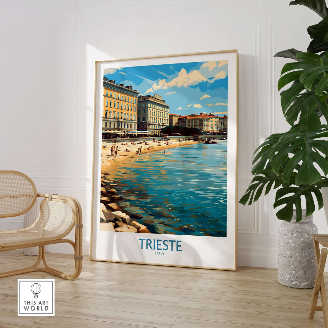 Trieste Italy wall art travel poster showcasing the stunning coastal scenery and historic charm of the city.