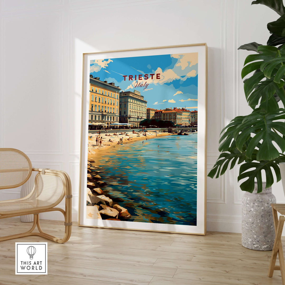 Stylish Trieste Italy travel poster showcasing the scenic coastal view and vibrant architecture in a modern living space.