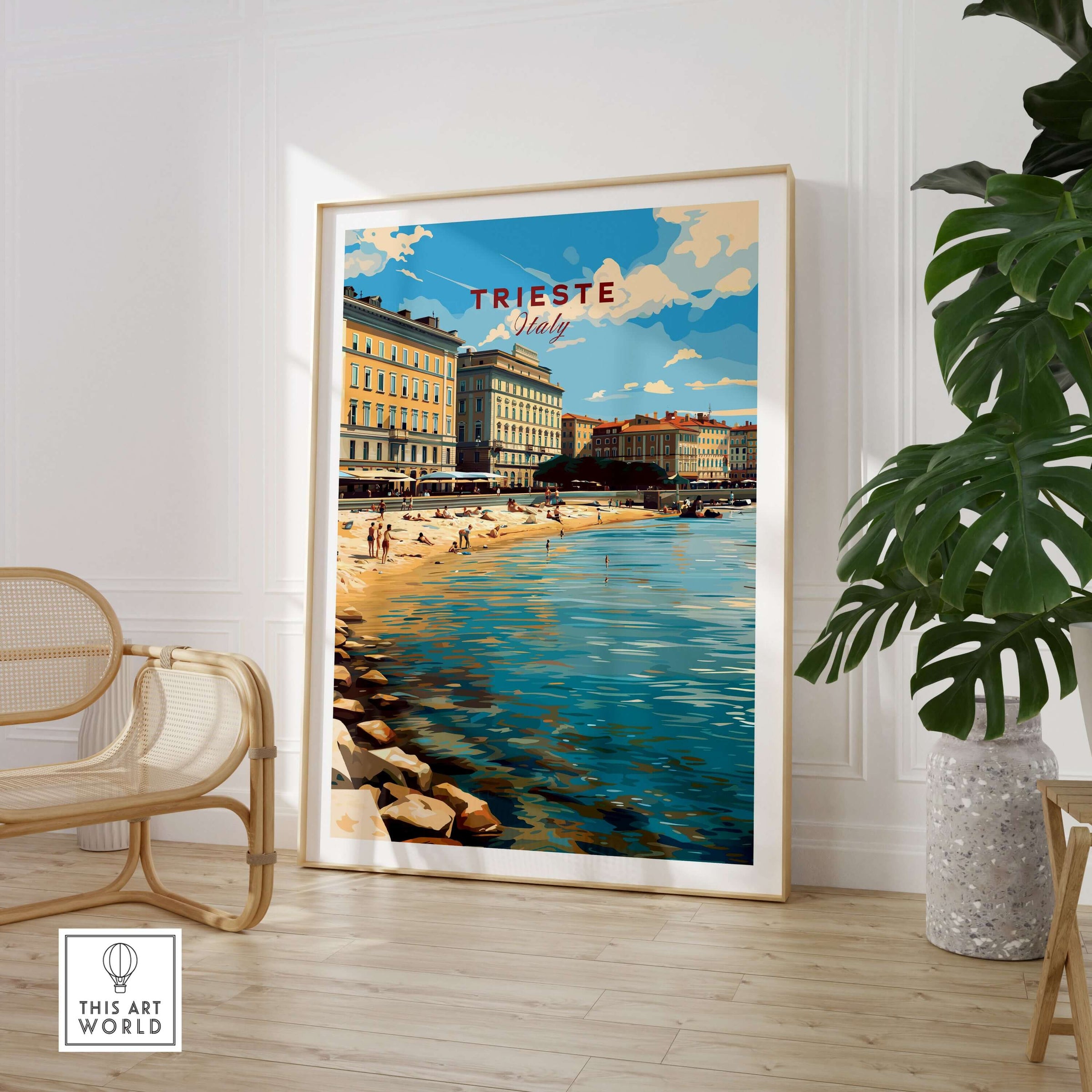 Trieste Poster Italy Travel Print showcasing the scenic waterfront of Trieste with vibrant colors and iconic buildings.