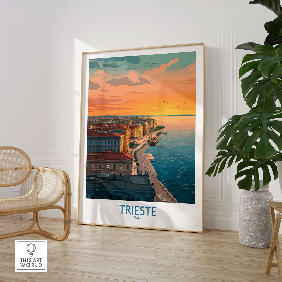 Trieste Italy wall art featuring a sunset view of the waterfront, capturing the ambiance of an Italian evening.