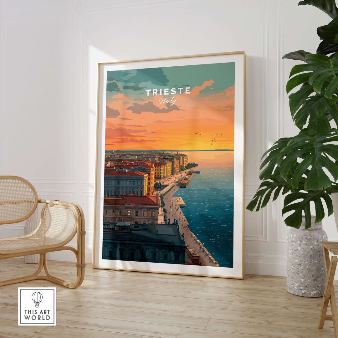Trieste sunset skyline poster showcasing Adriatic coastline in warm hues, ideal for coastal landscape lovers.