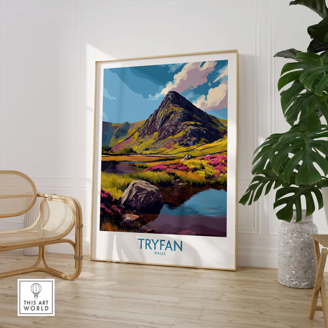 Tryfan Wales poster featuring vibrant heather fields and rugged peaks, enhancing Welsh wilderness decor.