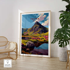 Tryfan Wales Mountain Landscape Print - Snowdonia Valley Wall Art displayed in a stylish interior setting.