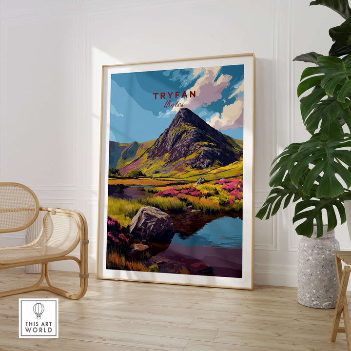Framed Tryfan Wales mountain landscape print showcasing vibrant scenery in a stylish home setting.