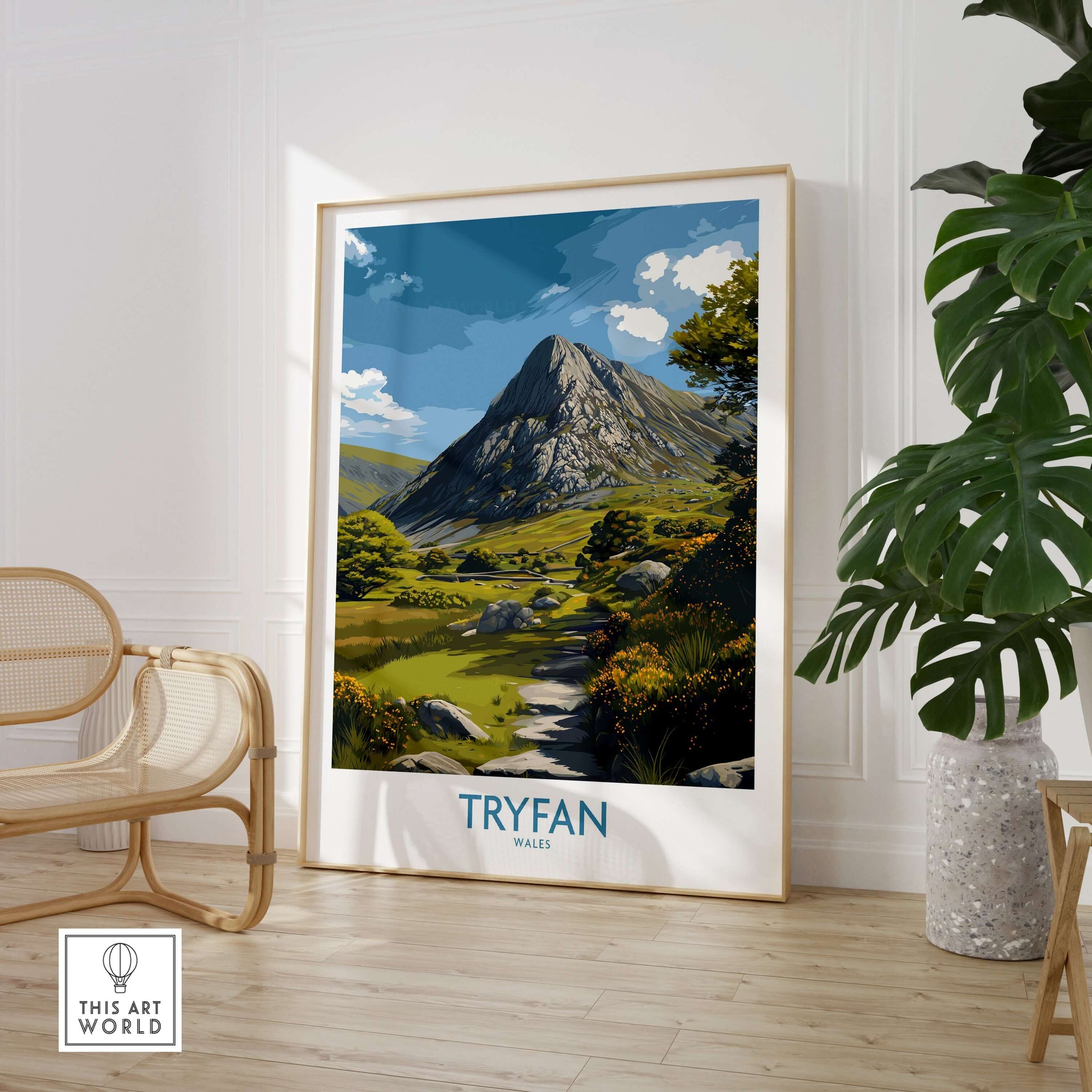 Tryfan Wall Art Wales Hiking Trail - Snowdonia National Park Decor displayed in a modern living room.