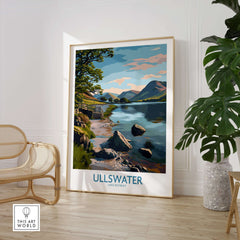 Ullswater Lake District Mountain Vista Poster - UK Hiking Trail Decor displayed in a cozy interior setting.