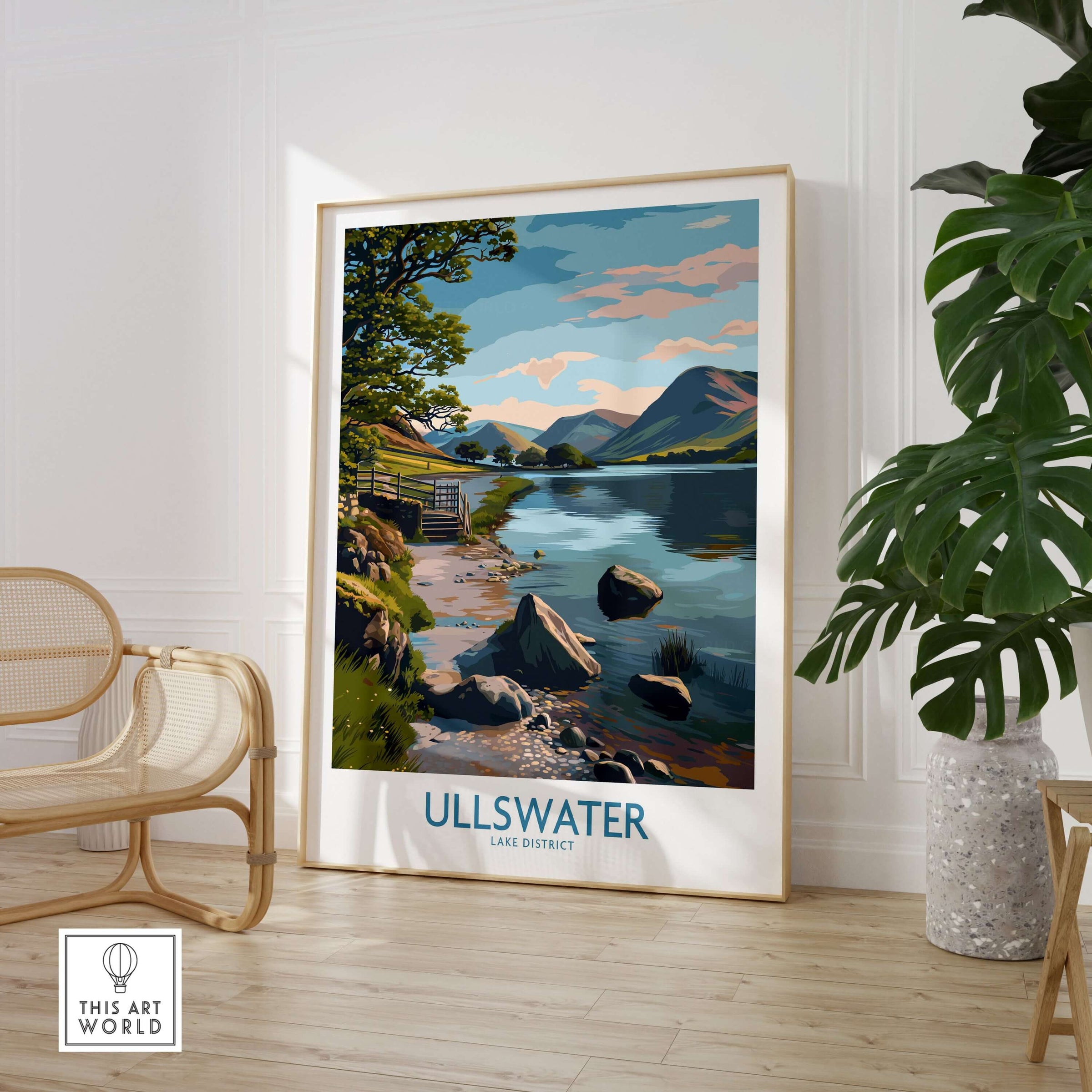 Ullswater Lake District Mountain Vista Poster - UK Hiking Trail Decor displayed in a cozy interior setting.