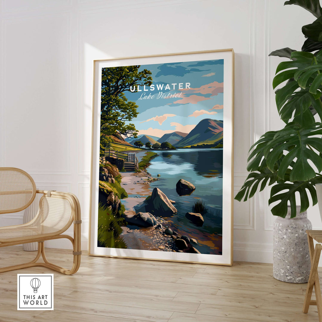 Ullswater Lake District lakeside path print featuring stone wall and serene lake in a stylish interior setting.