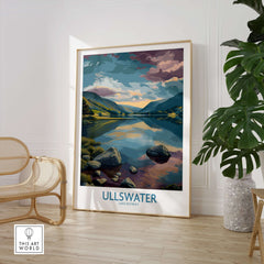 Ullswater Lake District Tranquil Lake View Poster - Scenic UK Landscape Decor displayed in a modern living room setting.