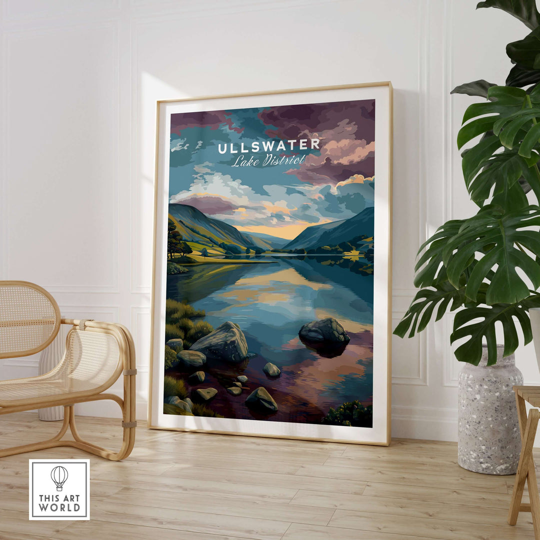 Ullswater Lake District sunset reflection print showcasing serene water and mountains, ideal for lakeside wall art.