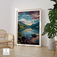Ullswater Lake District Sunset Reflection Print - Cumbria Lakeside Wall Art displayed in a modern living space with plants.