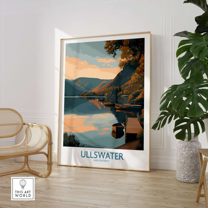 Ullswater Lake District boat moorings wall art showcasing serene sunset reflection, perfect for English countryside decor.