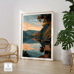 Ullswater Lake District Lakeside Boats Poster - Tranquil Dock Scene Print showcasing a serene sunset over the water.